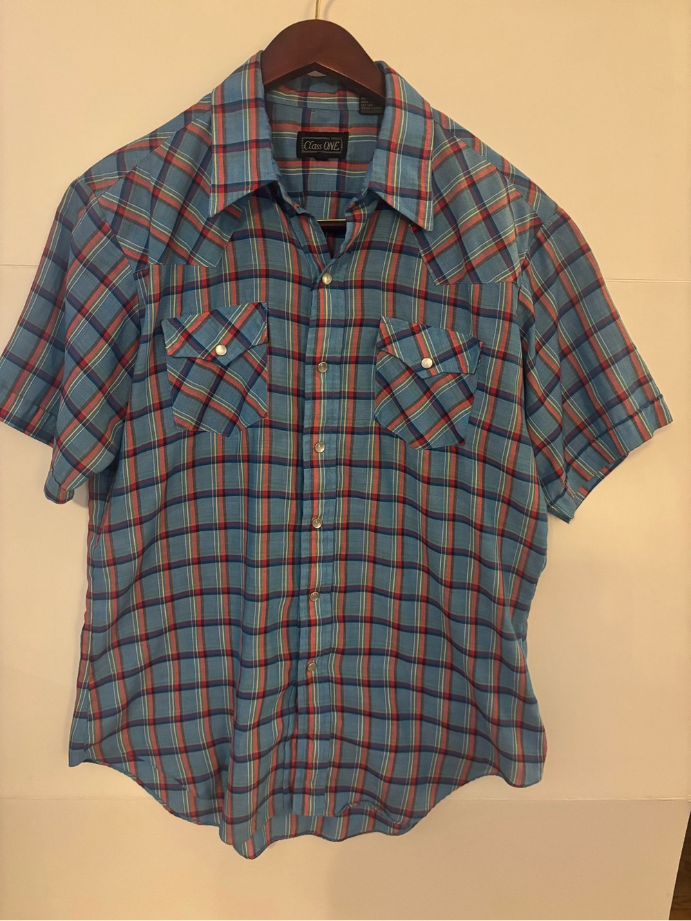 Class ONE Men's L Blue/Red Plaid Short Sleeve Pearl Snap Button-Up Shirt